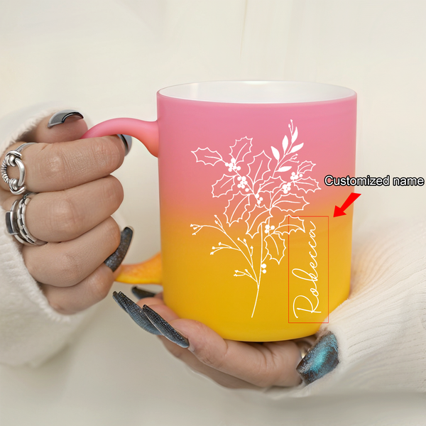1pc 11oz Custom Name Yellow and pink gradient Birthday Month Flower Milk Mug